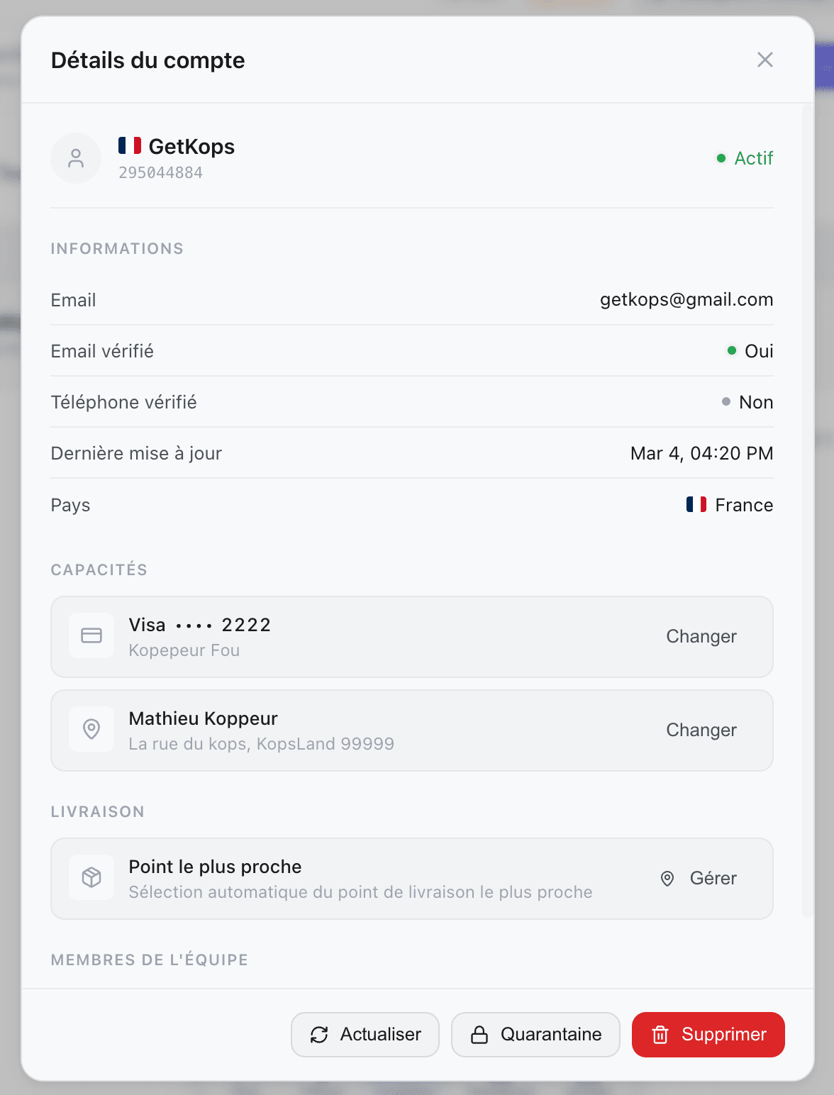 Kops account readiness badges showing card and address status
