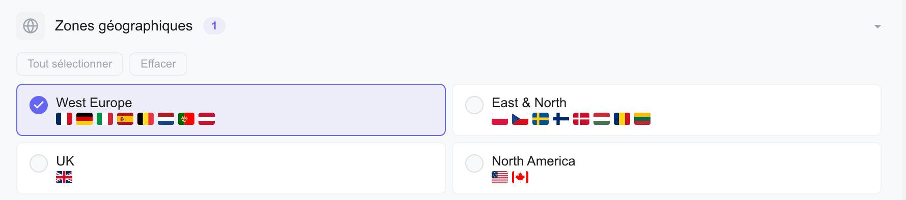 Kops zone selector showing available geographic regions