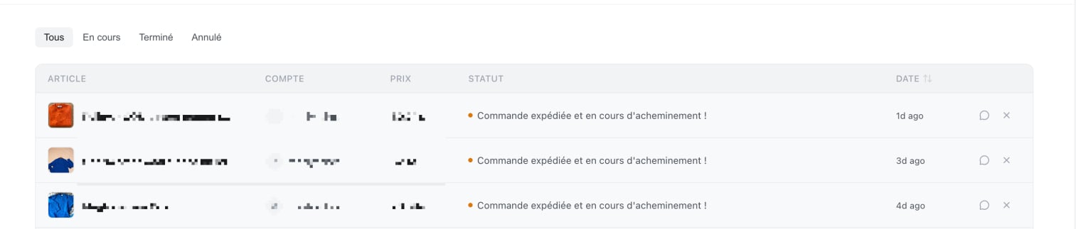 Kops purchases page showing the orders table with statuses