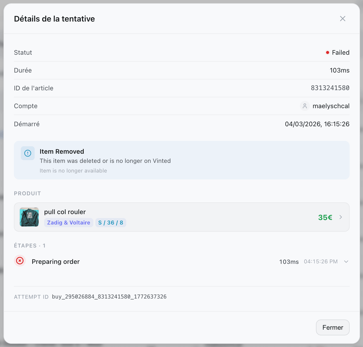 Kops attempt details modal showing step-by-step purchase timeline